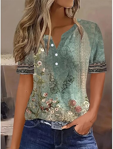  Damen T Shirt Ombre Blumen Grafik Vintage Stilvoll Klassisch Kurzarm Einkerbiger Ausschnitt Normale Oberteile Täglich Wochenende Druck Weiß Blau Grün Sommer Frühling