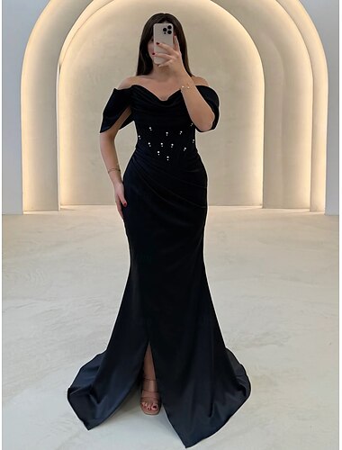  Schlauchkleid Abendkleid Elegant Kleid Karneval Formell Bodenlang Kurzarm Herzförmiger Ausschnitt Satin mit Glitzer Perlenstickerei 2025