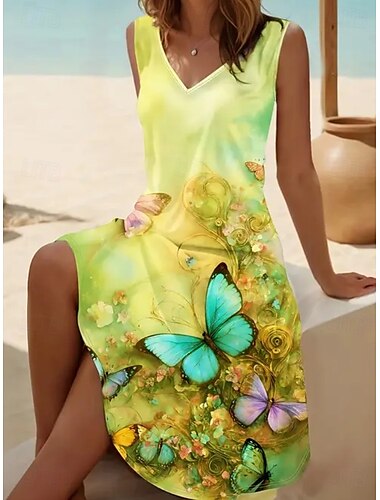  Damen Minikleid Sommerkleid Urlaub Party Lässig Täglich Sport Ferien Blumen Grafik Ärmellos V Ausschnitt Gelb Hellgrün Himmelblau Sommer Frühling