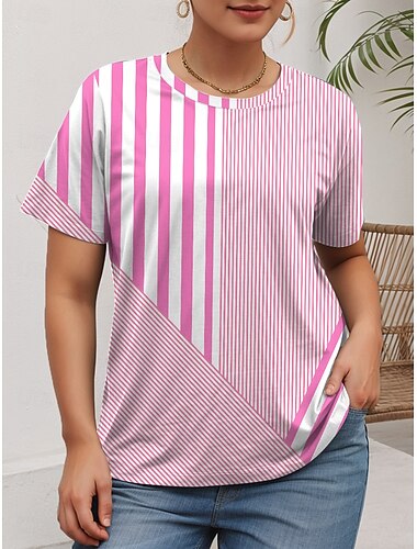  Damen Übergröße Oberteile T Shirt Grafik Gestreift Druck Kurzarm Rundhalsausschnitt Lässig Täglich Polyester Sommer Rosa Blau