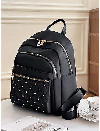  Wasserabweisender Nylon-Rucksack für Damen mit goldenen Reißverschlüssen, gestepptem Nietendesign, leichter modischer Tagesrucksack für Uni, Arbeit und Reisen