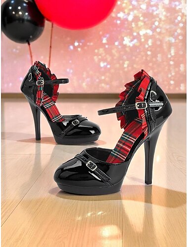  Damen-Plateauschuhe im Vintage-Stil der 1980er aus rotem Lackleder mit kariertem Rüschenbesatz – Gothic-Lolita-Pumps mit hohen Absätzen für Cosplay, Partys und Punk-inspirierte Outfits