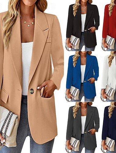  Mujer chaqueta Transpirable Cómodo Botones Bolsillo Casual Plano Oficina Calle Casual Ropa Cotidiana Botonadura Simple Regular Cuello Vuelto Ajuste regular Manga Larga Ropa de calle Negro Blanco Rojo