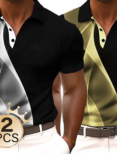  Herren 2-teiliges Poloshirt mit geometrischer Linie, kurzärmelig, Revers, Business Casual, Business, Freizeitsport, 3D-Druck, Knöpfe, Sommer