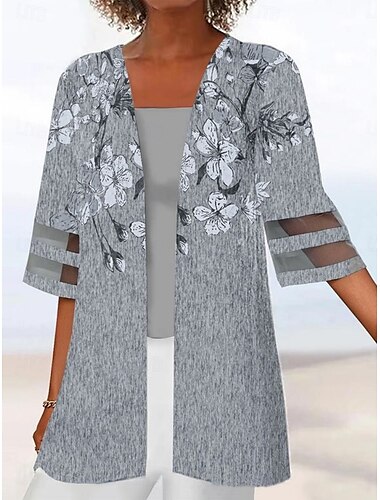  Damen Freizeitjacke Atmungsaktiv Bequem Patchwork Druck Lässig Blumen Urlaub Straße Alltagskleidung Ausgehen Offene Vorderseite Regulär Kragenlos Normale Passform Dreiviertelarm Oberbekleidung
