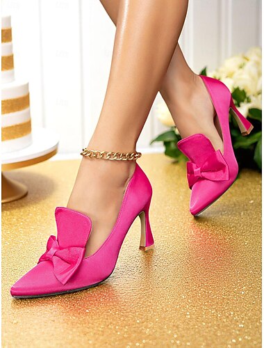  Damen-Pumps im Vintage-Stil der 1950er Jahre aus rosa Satin mit spitzer Spitze und Schleife, elegante Stilettoabsätze für Hochzeiten und formelle Partys