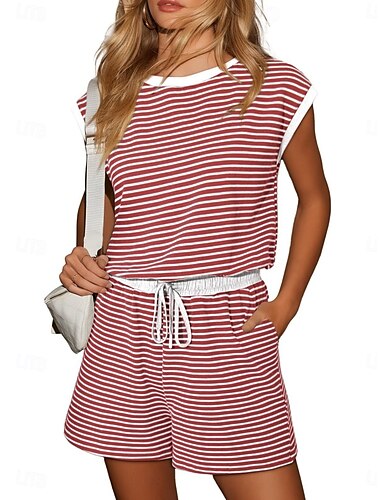  Damen Normal Strampler Aktiv Gestreift Kurzarm Rundhals Tasche Kordelzug Urlaub Täglich Normale Passform Schwarz Weiß Rosa Sommer