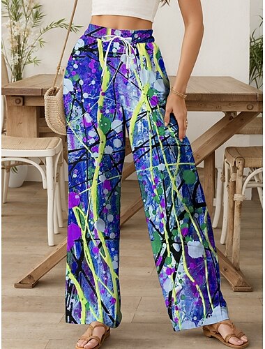  Damen Weites Bein Chinos Baggy-Hosen Urlaub Vintage Mode Volle Länge Hohe Taille Grafik Abstrakt Drucken Atmungsaktiv Weich Mikroelastisch Formell Outdoor Urlaub Karminrot Rubinrot Gelb Grün Sommer