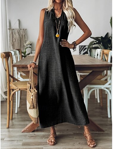  Damen Maxikleid A Linie Kleid Sommerkleid Lässig Täglich Lässiger Schnitt Einfach Ärmellos V Ausschnitt Schwarz Rote Blau Aprikose Sommer