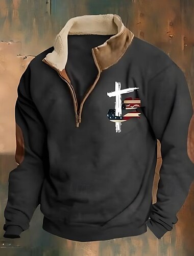  Herren Sweatshirt Viertelreißverschluss Sweatshirt Schwarz Braun Halber Reißverschluss Farbblock Kreuz Amerikanische Flagge Halber Reißverschluss Druck Sport & Outdoor Täglich Ferien Polyester