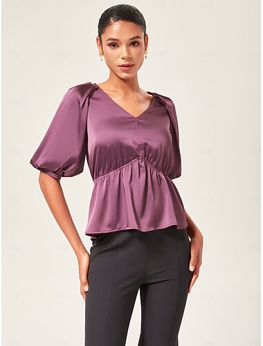  Mujer Blusa Color sólido Formal Vacaciones Trabajo Balón Rosa Morado Escote en V Manga Farol Cintura elástica Mangas medias Elegante Estilo lindo Casual / Diario Escote en Pico Verano Primavera