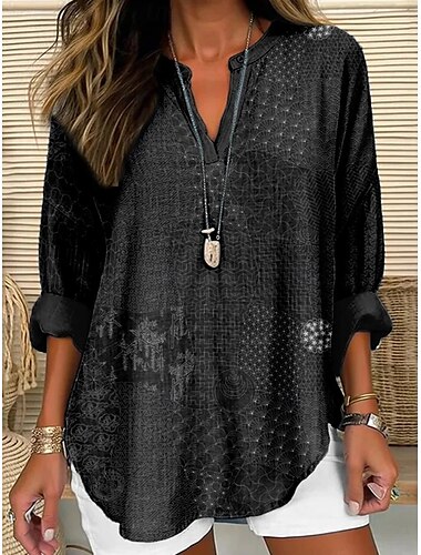  Dames Overhemd Geometrisch Kleurenblok Stijlvol Modern Lange mouw V-hals Normale tops Dagelijks Feestdagen Knop Afdrukken Zwart blauw Zomer