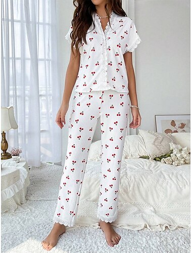  Damen Schlafanzug Set Lässig Komfort Kirsche Elastischer Bund Hemd Hose Heim Täglich Kurzarm V Ausschnitt Weiß Sommer Frühling Herbst Normale Passform