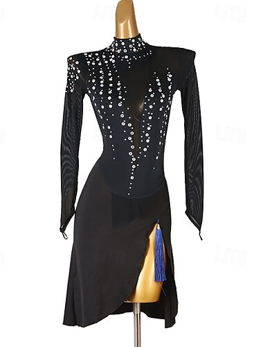  Latin Dance Kleid Strass Damen Performance Salsa Wettkampfkleidung Langarm Rumba Chacha Party Bühnentanzbekleidung