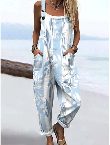  Dames Jumpsuit Vakantie Vintage Casual Volledige lengte Hoge taille Bloemig Grafisch Trekkoord Inelastisch Vakantie Straat Casual Donker Marineblauw Hemelsblauw Oranje Groen Zomer Lente Herfst Ruim
