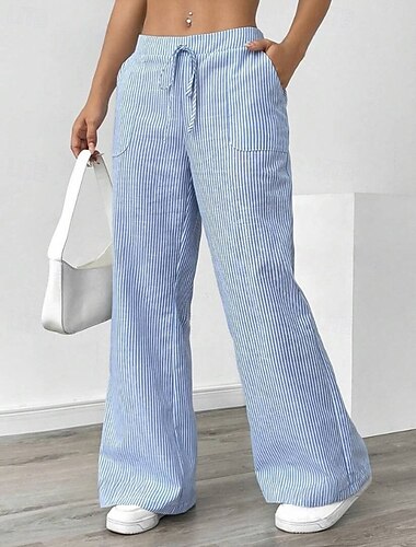  Damen Weites Bein Stoffhosen Streetwear Lässig Volle Länge Natürliche Taille Gestreift Tasche Elastisches Kordelzugdesign Außenbereich Bequem Ferien Alltagstauglich Magenta Hellhimmelblau Grau Herbst