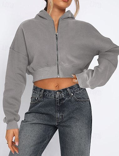  Damen Kapuzensweatshirt Laufjacke Reißverschluss Tasche Langarm Jacke Athleisure Herbst Thermowarm Winddicht Tennis Golfspiel Laufen Sportbekleidung Sportkleidung Einfarbig Dunkelgrau Aprikose Schwarz