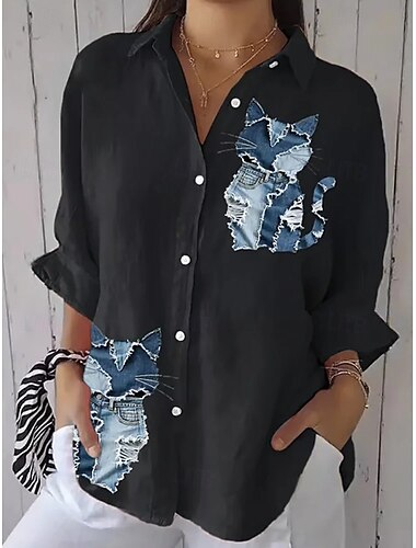  Damen Hemd Tiermotiv Vintage Tropisch Täglich Langarm Hemdkragen Normale Oberteile Täglich Ferien Ausgehen Druck Schwarz Weiß Blau Sommer Frühling