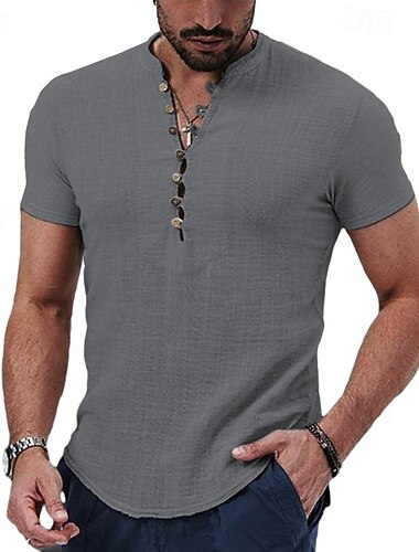  Hombre Camisa de lino Camisa con cuello mao Camisa de manga corta Camisa de verano Ropa de playa Camisa casual Plano Vacaciones Casual Negro Blanco Rojo Caqui Manga Corta Cuello alto Verano Ropa