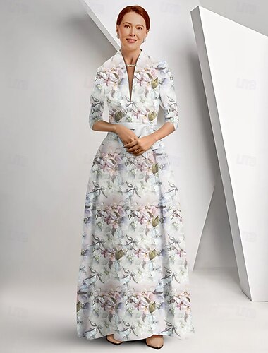  Brautmutter A-Linie Kleid Elegantes Königin Anne Dekolleté Bodenlänge Satin 3/4-lange Ärmeln mit Schleife(n) Derby Kleid Renntag Kleid Hochzeitsgast Kleid 2025