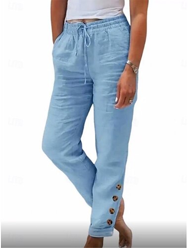  Damen Hose aus Baumwollleinen Chinos Urlaub Vintage Mode Volle Länge Hohe Taille Einfach Tasche Elastischer Bund Bequem Weich Mikroelastisch Outdoor Straße Schwarz Weiß Leicht Grün Rote Frühling