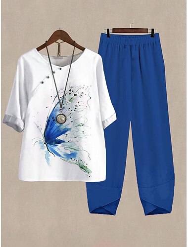  Per donna Essenziale Camicia Set di Pantaloni Mezza Manica Girocollo Grafico Farfalla Astratto Stampato Ferie Weekend Rosso Blu Blu turchese Estate Vestibilità regolare
