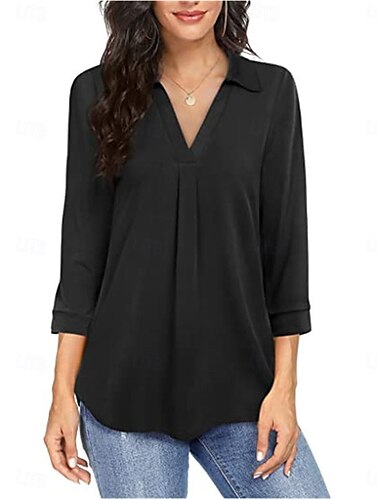  Damen Hemd Einfarbig Elegant Stilvoll Basic Dreiviertelarm V Ausschnitt Normale Oberteile Täglich Schwarz Wein Blau Grün Frühling Herbst