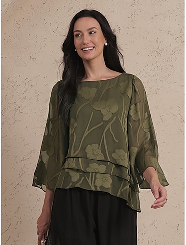  Damen Spitzenbluse Bluse Elegante Oberteile Chiffon Tops Einfarbig Blumen Elegant Stilvoll Lässig Halbarm Flattrige Ärmel U-Boot-Ausschnitt Normale Oberteile Hochzeitsgast Arbeit Täglich