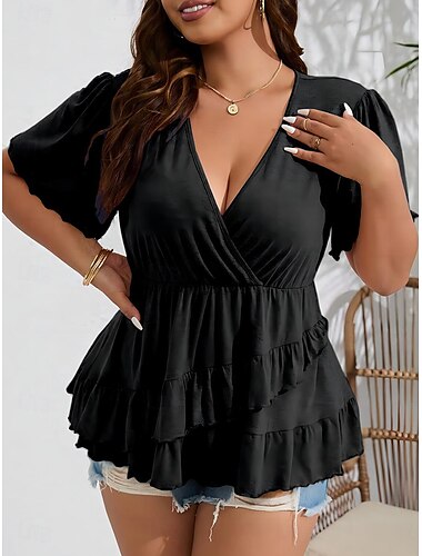  Damen Übergröße Oberteile T Shirt Einfach Rüsche Kurzarm V Ausschnitt Lässig Täglich Polyester Sommer Frühling Schwarz Blau