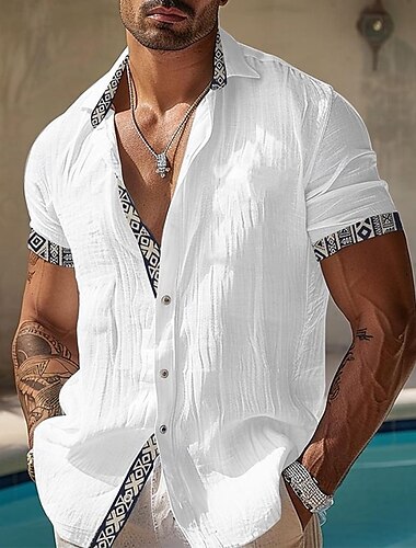  Hombre Camisa de lino Camisa de verano Ropa de playa Abotonar la camisa Geométrico Vacaciones Casual Negro Blanco Azul Piscina Manga Corta Cuello Vuelto Verano Primavera Ropa Retazos