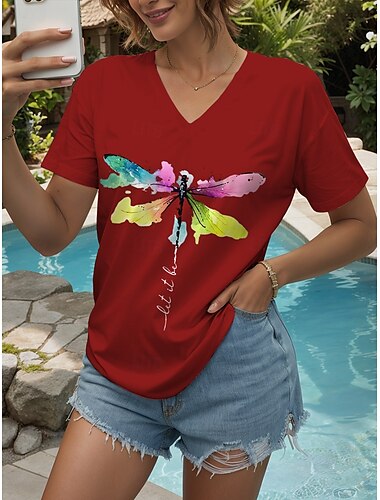  Damen T Shirt Grafik Buchstabe Libelle Vintage Stilvoll Klassisch Kurzarm V Ausschnitt Normale Oberteile Täglich Druck Weiß Rote Blau Purpur Grün Sommer Frühling