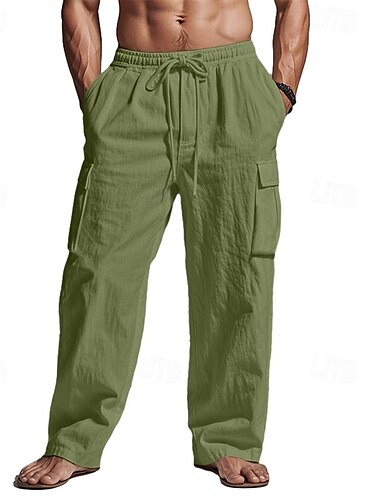  Herren Cargo-Hosen Leinenhosen Hose Sommerhose Strandhose Kordelzug Elastischer Bund Mehrere Taschen Einfach Komfort Atmungsaktiv Volle Länge Outdoor Lässig Täglich Urlaub Mode Schwarz Weiß