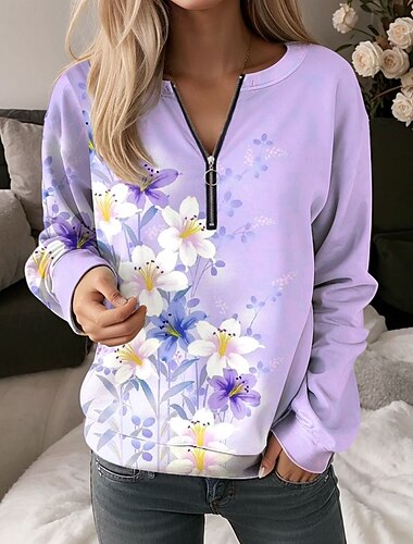  女性用クオータージッパー セーター フローラル グラフィック カジュアル 長袖 クルーネック レギュラートップス ストリート デイリーウェア ハーフプリント ピンク 青 紫 緑 秋 冬