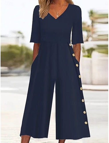  Mujer Normal Mono Activo Color sólido Media Manga Perneras anchas Escote en Pico Botones Bolsillo Vacaciones Diario Ajuste regular Azul Marino Verano