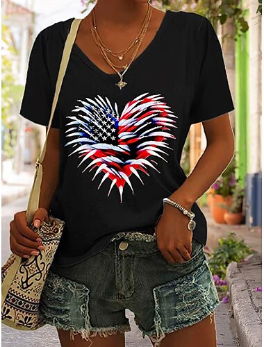  女性の愛国心 Tシャツ グラフィック フラッグ アメリカ国旗 ビンテージ スタイリッシュ クラシック 短袖 Vネック レギュラー トップス 毎日の週末プリント 黒 白 赤 青 緑
