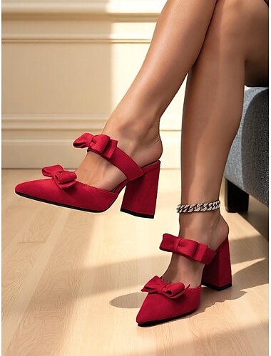  Rote Damen-Pantoletten aus Wildleder mit spitzer Spitze und doppelten Schleifenriemen – elegante Schlupfschuhe mit Blockabsatz für Partys, Verabredungen und formelle Anlässe