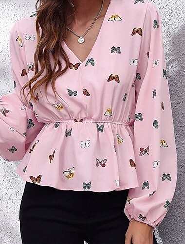  Damen Sommeroberteile Chiffon Tops Schmetterling Täglich Stilvoll Basic Langarm Laternenärmel V Ausschnitt Normale Oberteile Arbeit Täglich Ferien Druck Rosa Frühling Herbst