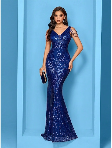  Havfrue  Trumpet Quinceanera Kjoler Elegant Kjole Formal Bryllup Gulvlengde Uten Ermer V Hals Sequins med Paljetter
