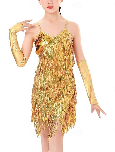  Happy Cherry Kinder-Pailletten-Fransenkleid mit glitzernder Quaste, lateinamerikanisches Tanzkleid mit Handschuhen, Jazz-Tango, 1920er-Jahre, für Mädchen von 5–13 Jahren