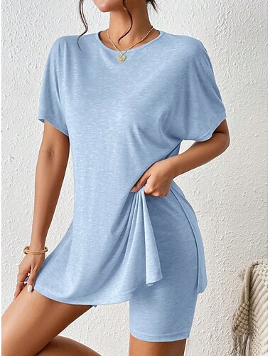  Femmes Mode Streetwear Quotidien Ensembles de Shorts Manche Courte Col ras du cou Couleur Unie Occasionnel Quotidien Rose Claire Kaki Beige Été Coupe régulière