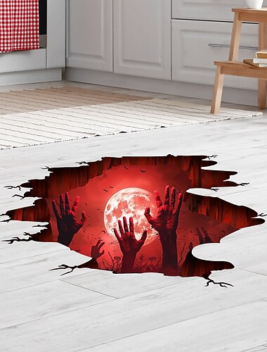  Halloween Floor & Wall Decal Sticker 3D Scary Red Moon and Hand Breakthrough Design, Self-Adhesive Floor and Wall Decor for Bedroom and Living Room