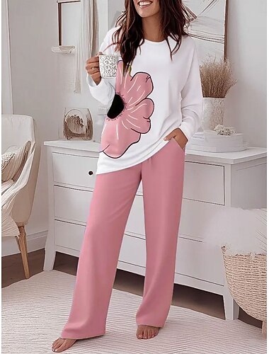  Damen Mode T Shirt Hosen-Sets Langarm Rundhals Blumen Grafik Druck Alltagstauglich Rosa Blau Purpur Frühling Normale Passform