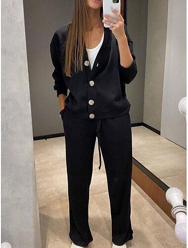  Damen Mode Streetwear Täglich Hosen-Sets Langarm V Ausschnitt Einfach Lässig Täglich Schwarz Armeegrün Blau Herbst Normale Passform
