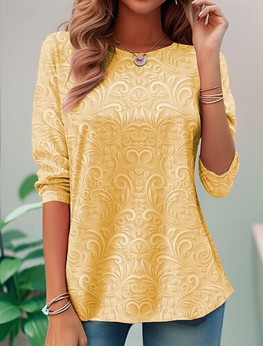  Damen T-Shirt 3D Druck Floral Elegant Vintage Mode Langarm Rundhalsausschnitt Reguläre Oberteile Täglich Ausgehen Wochenende Druck Perle Sommer Frühling