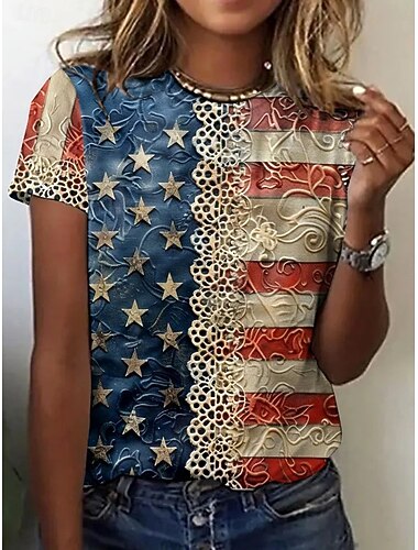  Amerikaanse onafhankelijkheidsdag Dames T-shirt Bloemig Grafisch Vlag Modieus Casual Korte mouw Strakke ronde hals Ronde hals Normale tops Dagelijks Afdrukken blauw Khaki Zomer Lente