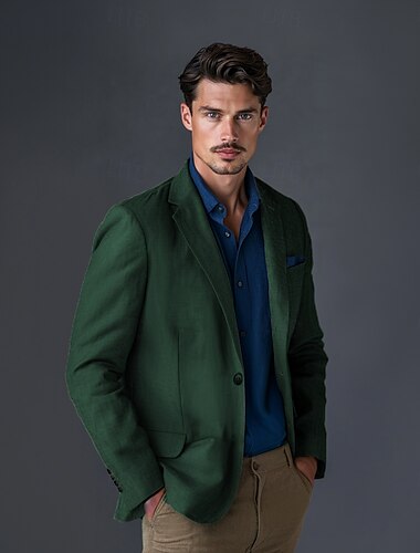  Hombre Chaqueta de lino Chaqueta deportiva Moda Casual Color sólido Blazer de lino Azul Piscina Verde Ejército Estándar Recto 1 botón