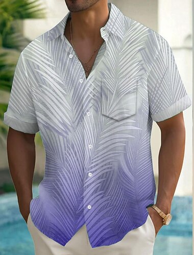  Herren Farbverlauf Tropisch Palmblatt Sommer Hawaiihemd Knopfhemd Alohahemd Kurzarm Hawaiianisch Ferien Strandbekleidung Sommer Frühling Umlegekragen 3D-Druck Hemden mit Kragen Eine Tasche vorne Blau