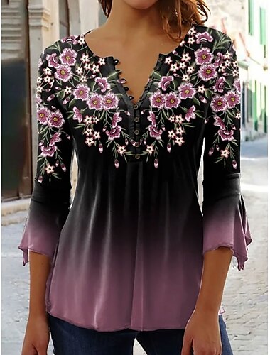  Damen Bluse Ombre Blumen Grafik Elegant Dreiviertelarm V Ausschnitt Normale Oberteile Täglich Ausgehen Knöpfe Rosa Blau Grün Frühling Herbst