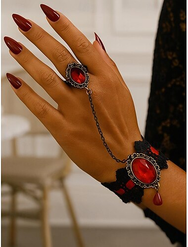 Conjunto de pulsera y anillo de encaje gótico para mujer con gema roja, cadena vintage para fiesta de Halloween, cosplay y atuendos retro.