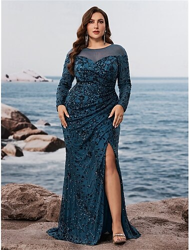  Mermaid  Trumpet Plus Size Kleider Elegantes Kurvenkleid Formelles Hochzeitsbodenlänges Langärmel Rundhalsausschnitt Polyester mit Schlitz 2025